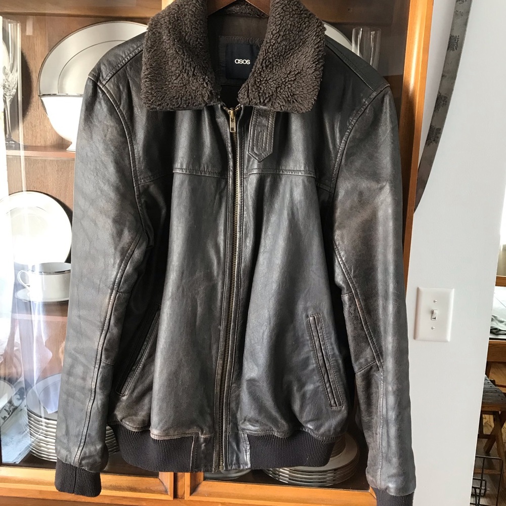ASOS Bomber Jacket L Brown 100% Real Leather